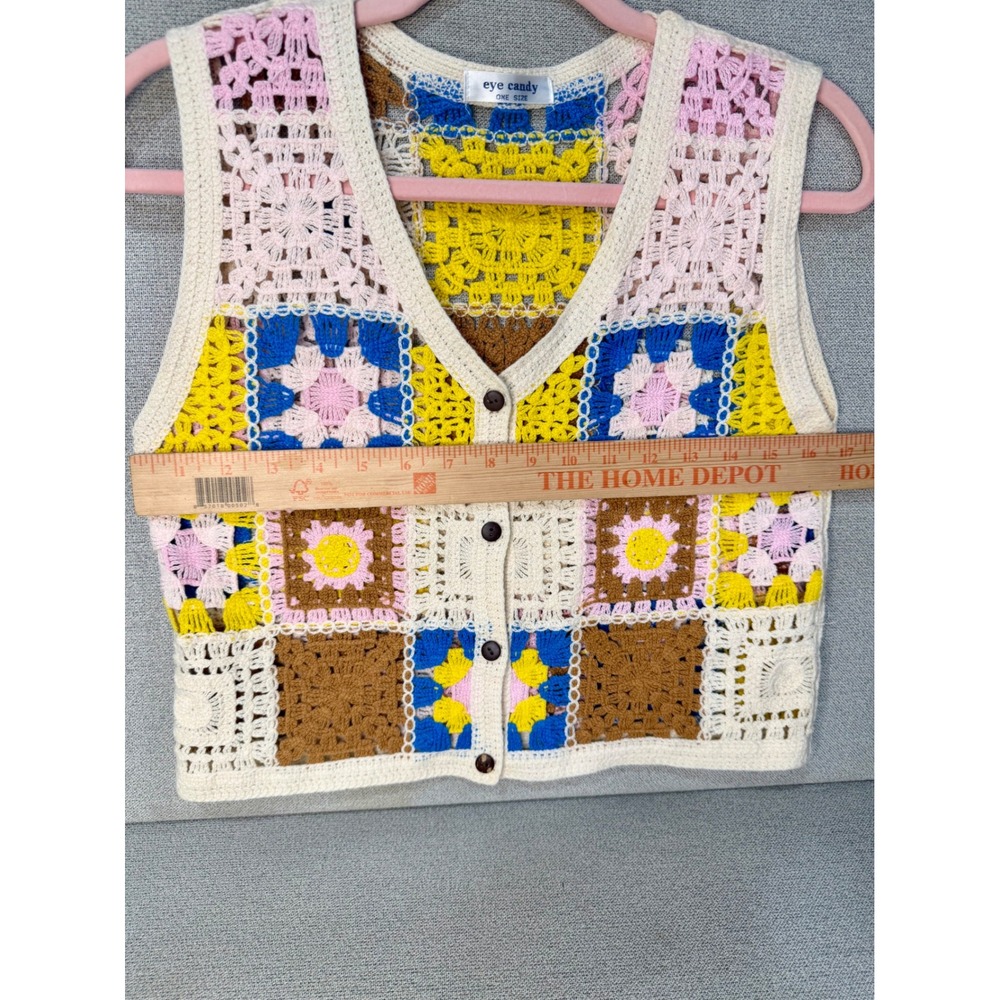 Eye Candy Crochet Granny Square Vest Multi-Color Button Front Boho Knit One Size - Picture 4 of 13